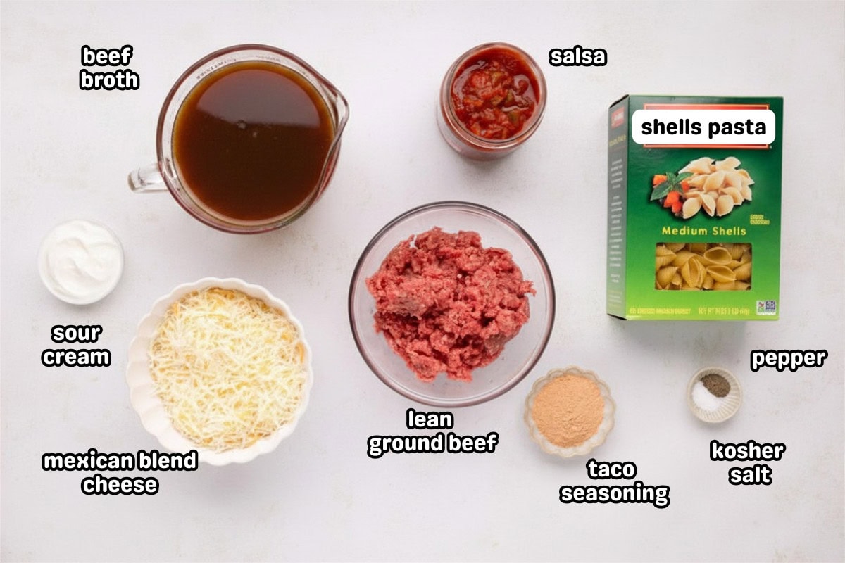 A labeled image of ingredients needed to make instant pot taco pasta.