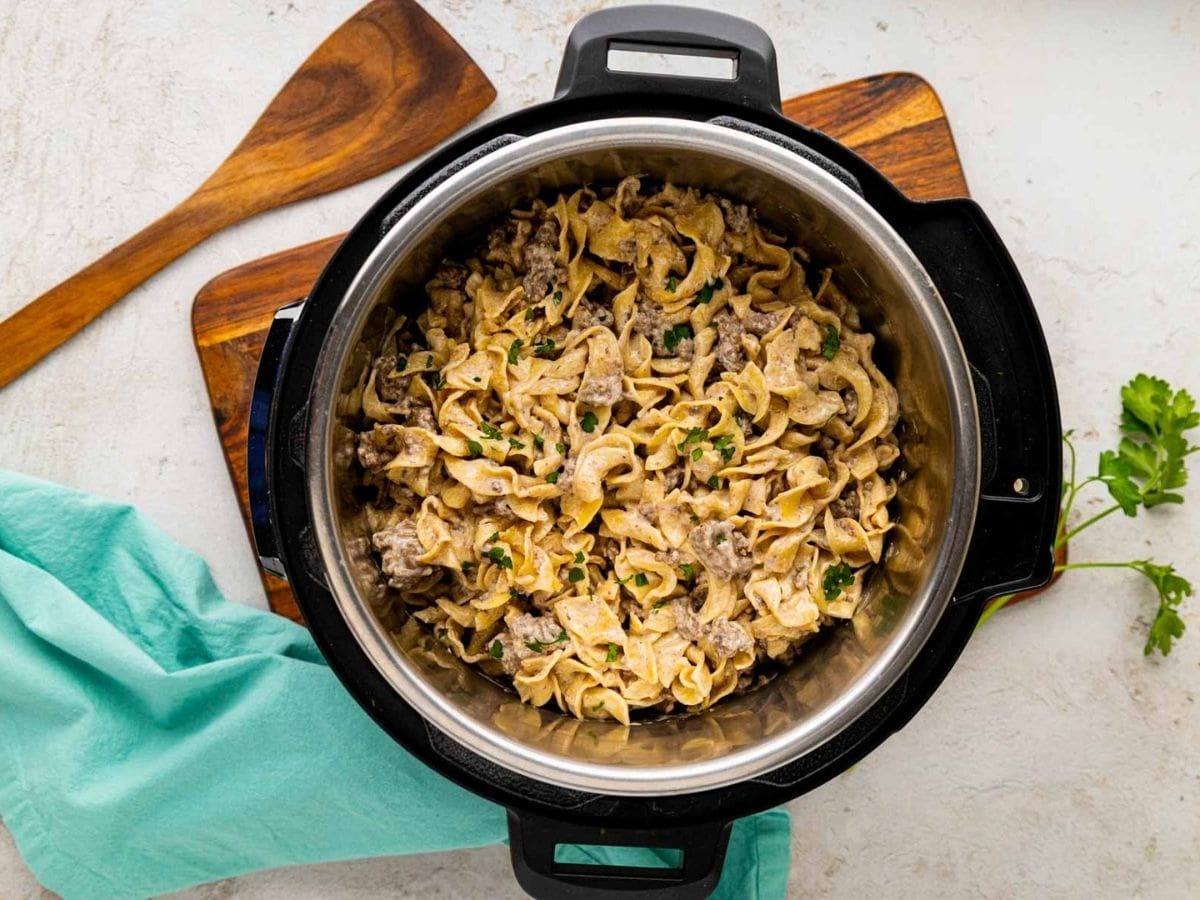 Ground beef and noodles and a creamy French onion sauce, in an instant pot.