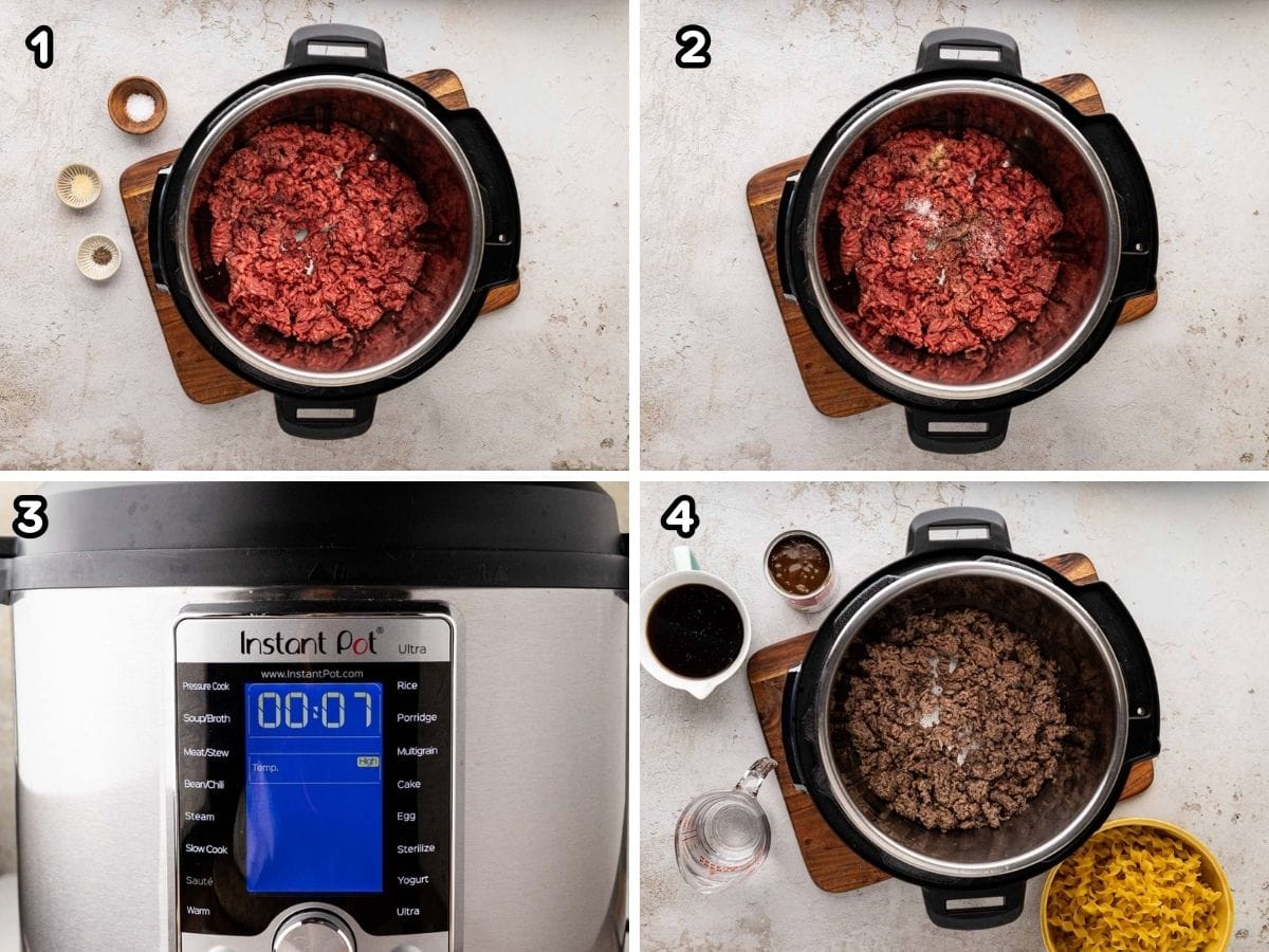 A collage image of ground beef added to the Instant pot to sauté with salt and pepper.