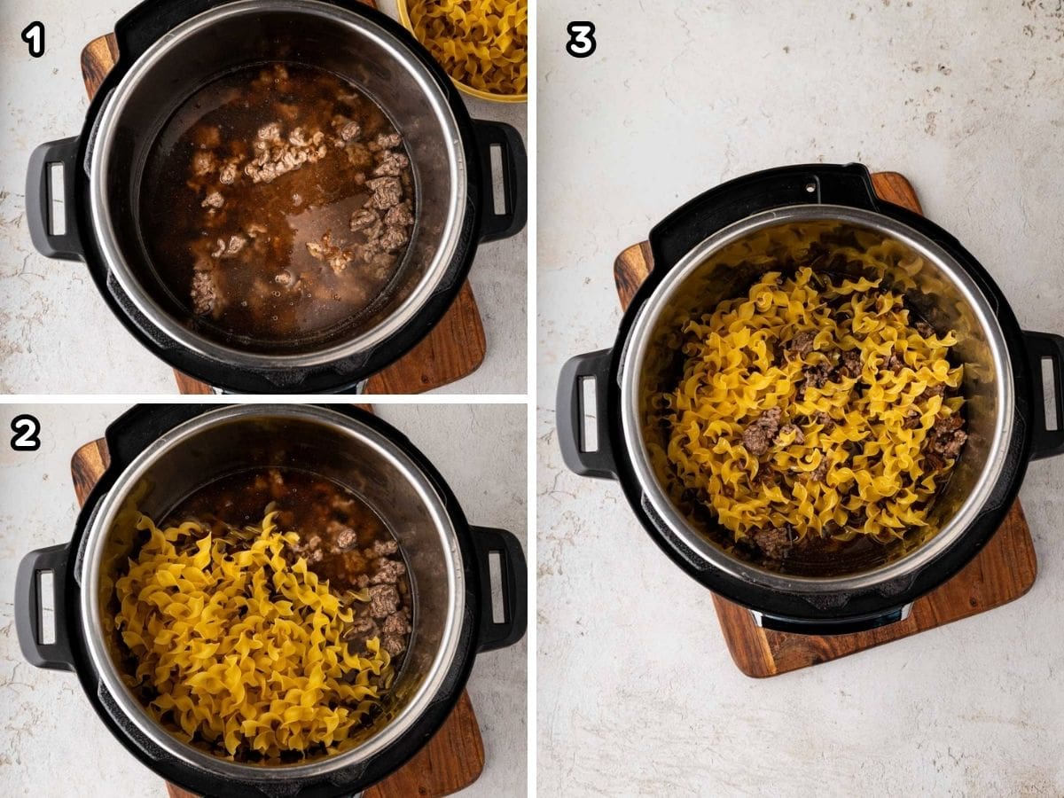 Collage image showing adding in beef broth, French onion, soup, water, and noodles.