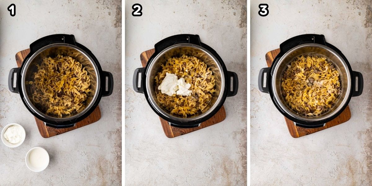 A collage image showing adding sour cream and heavy cream to the cooked noodle and beef mixture.