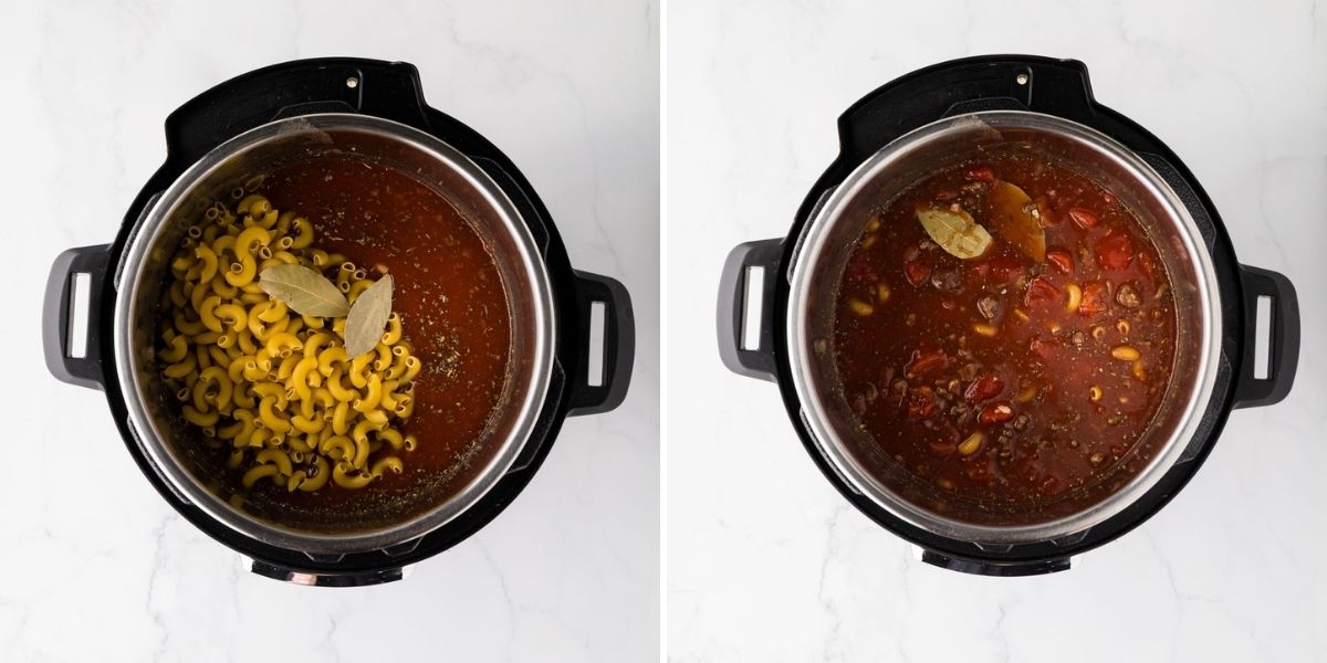 Macaroni noodles and bay leaves added to the sauce.