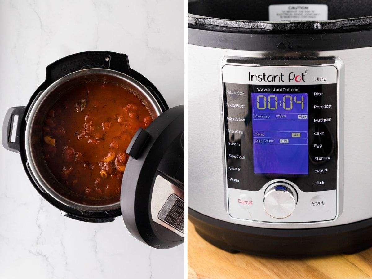 A side-by-side image of live being added to instant pot and then time a four minutes displayed on instant pot.