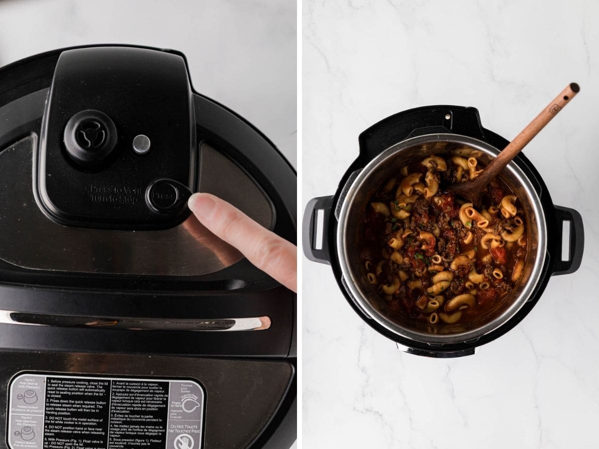 A side-by-side image of venting the instant pot, and then the goulash after being stirred.