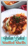 the Pinterest image for this Italian baked stuffed shells recipe with the baked shells and marinara sauce on a white plate