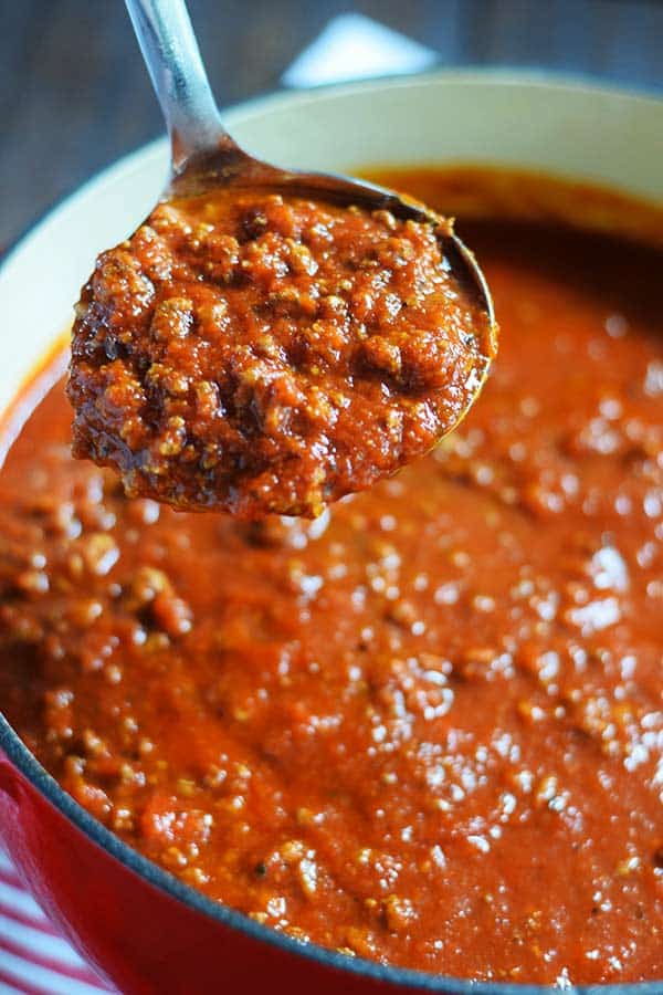 Kicked Up Spaghetti Sauce Out of a Jar in a Red Pot