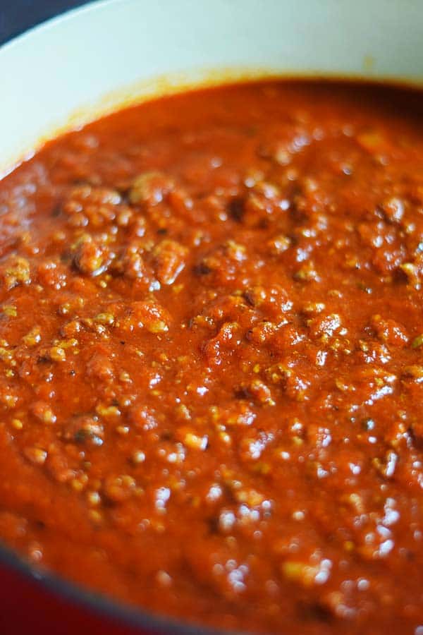 a closeup of crock pot spaghetti sauce for this kicked up spaghetti sauce from a jar recipe