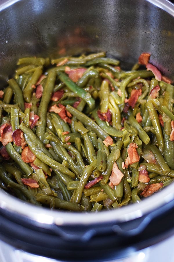 An overhead shot of these southern style green beans in the instant pot