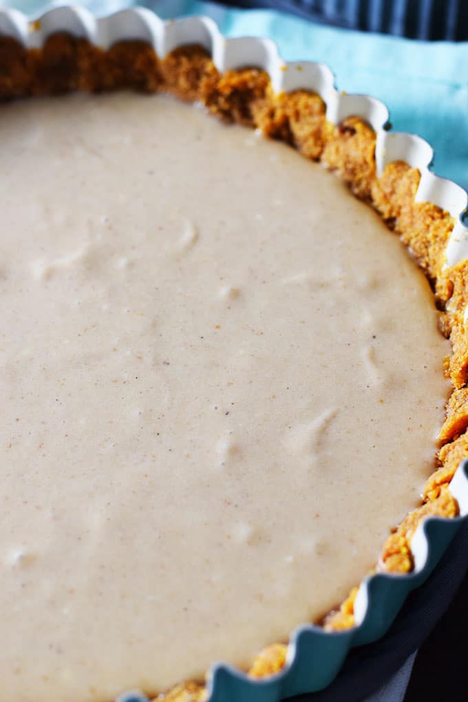 An overhead view of this unbaked apple butter cheesecake tart