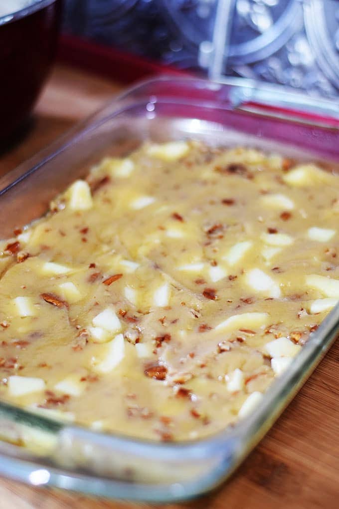 Apple Cake Batter in 9 x 13 Dish ready for oven.