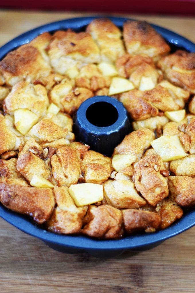 An overhead shot of the baked apple pecan sticky bun bites in a bundt pan