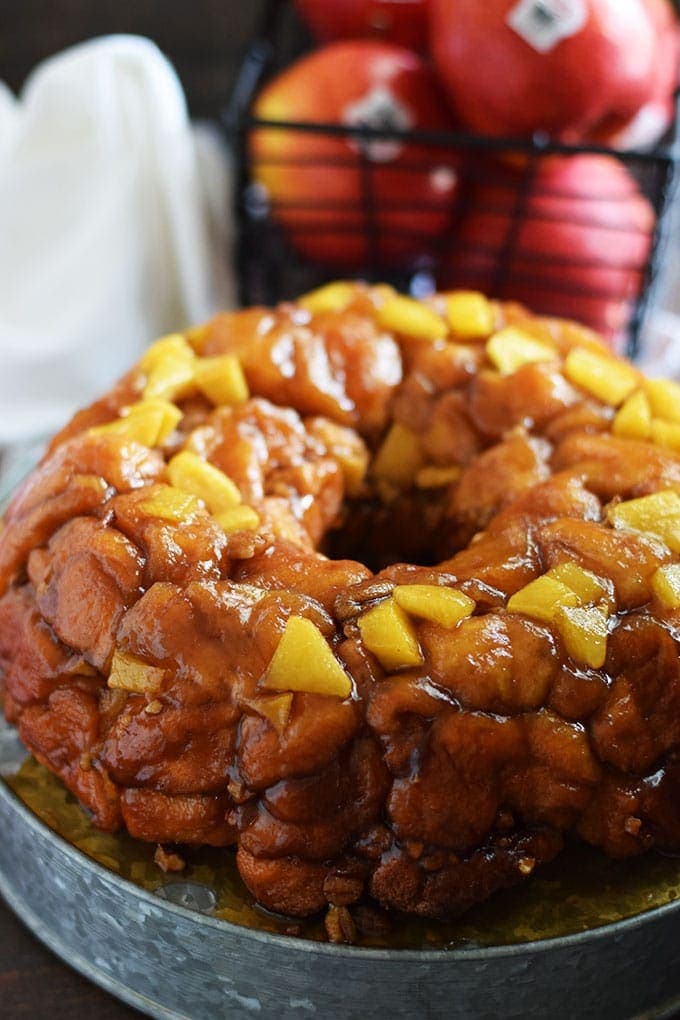 an overhead view of this apple pecan sticky bun bundt cake 