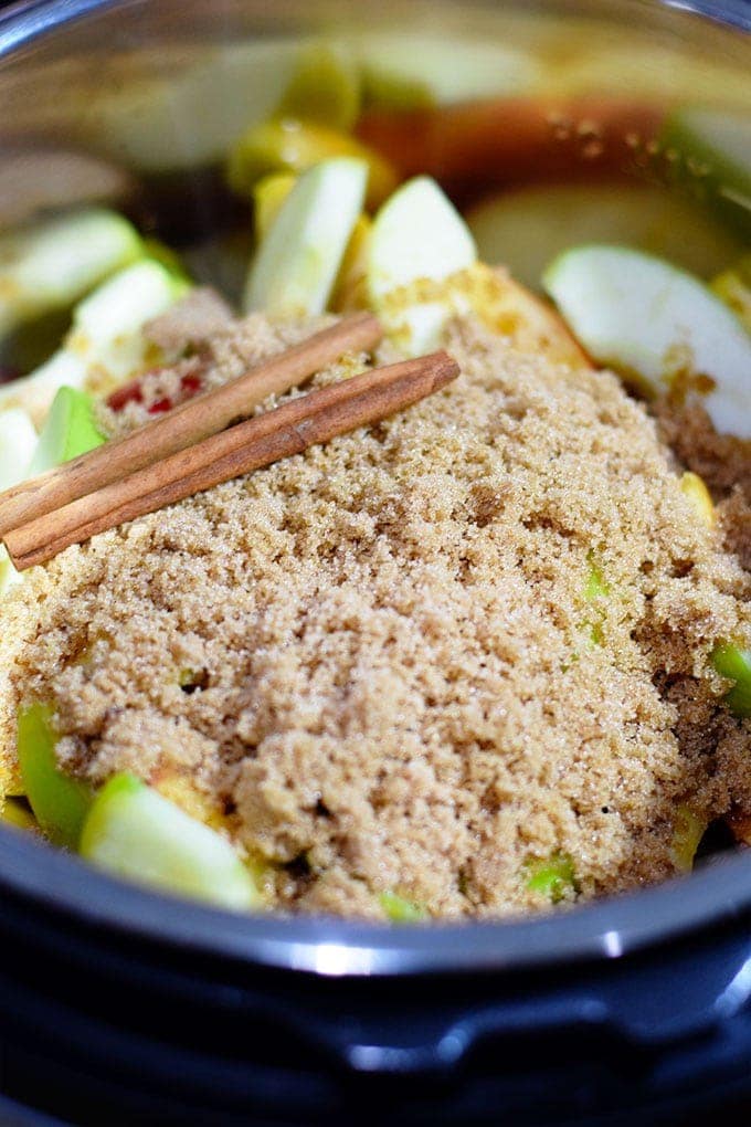 A close up of the ingredients for Instant Pot Apple Butter, including cinnamon sticks, brown sugar, and sliced apples