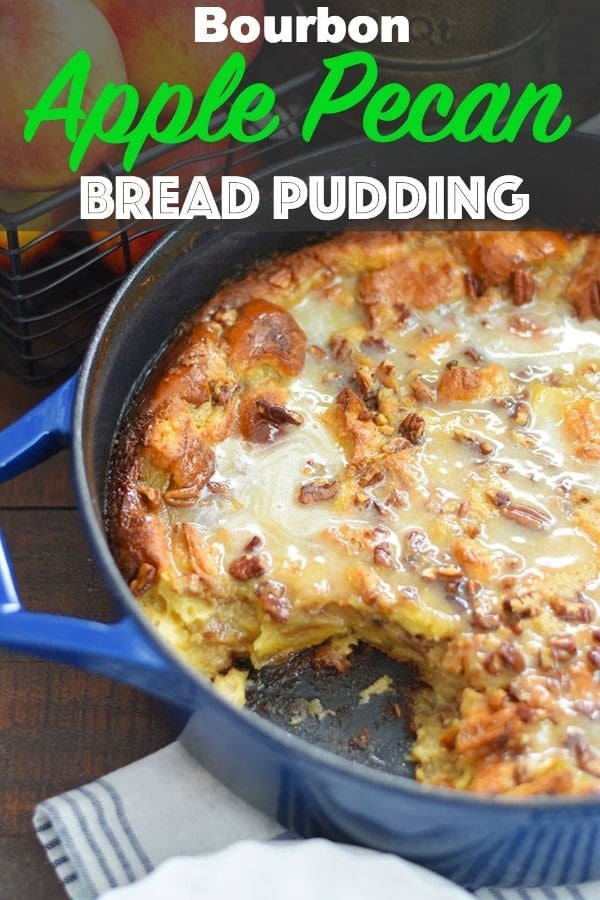 A close up of this bourbon apple pecan bread pudding recipe for Pinterest