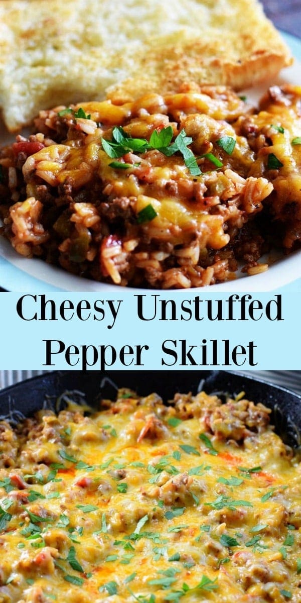 The Pinterest image for this cheesy unstuffed pepper skillet