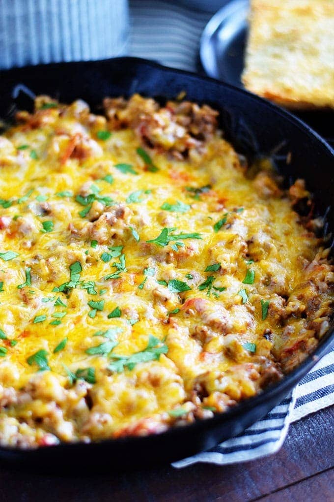 Cheesy Unstuffed Pepper Skillet Dinner in Cast Iron Pan