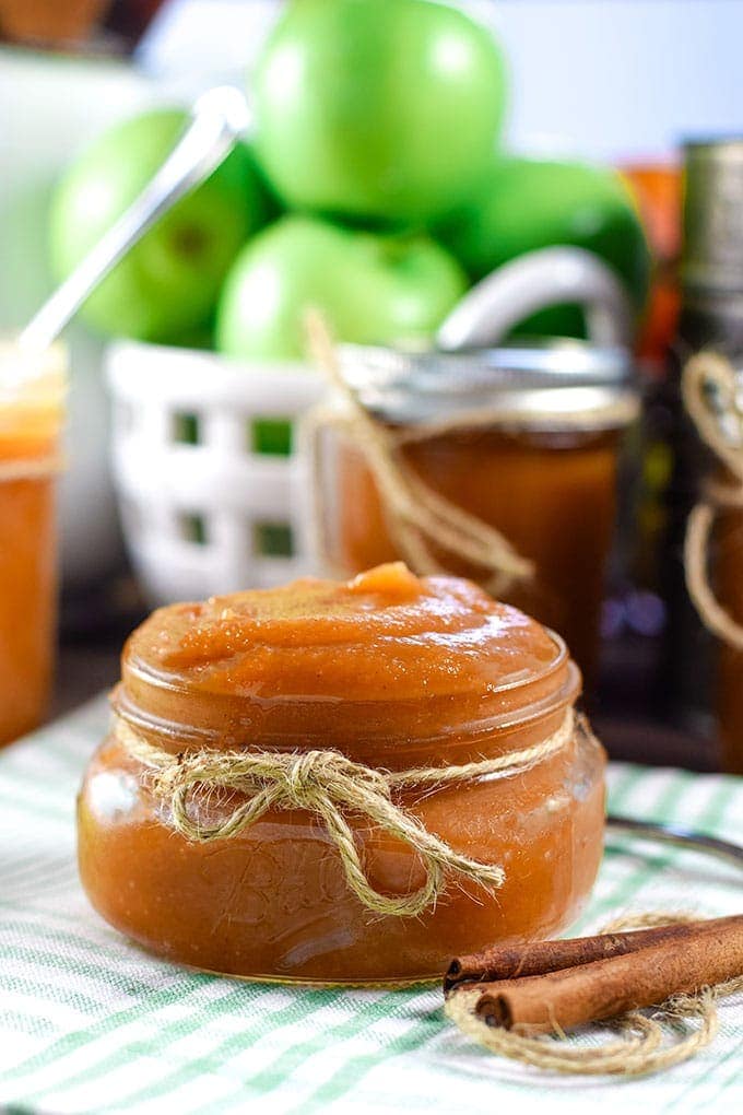 Jar of Instant Pot Apple Butter with tied with Jute Ribbon