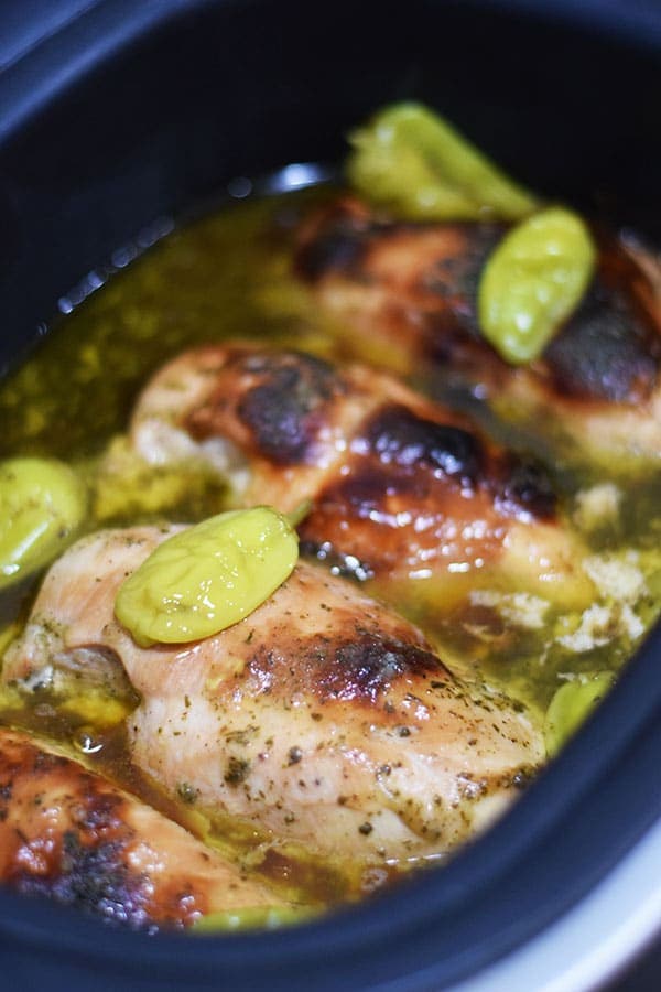 Slow Cooked Mississippi Chicken in cooking juices