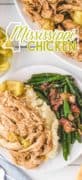 Long Pin image of Mississippi Slow Cooker Chicken on a plate with veggies.