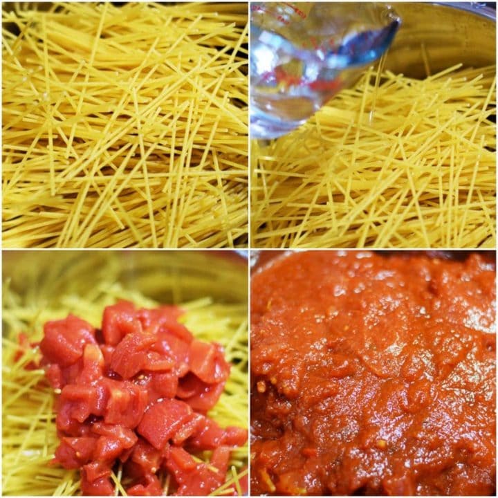 a closeup of my instant pot spaghetti and meatballs with marinara sauce