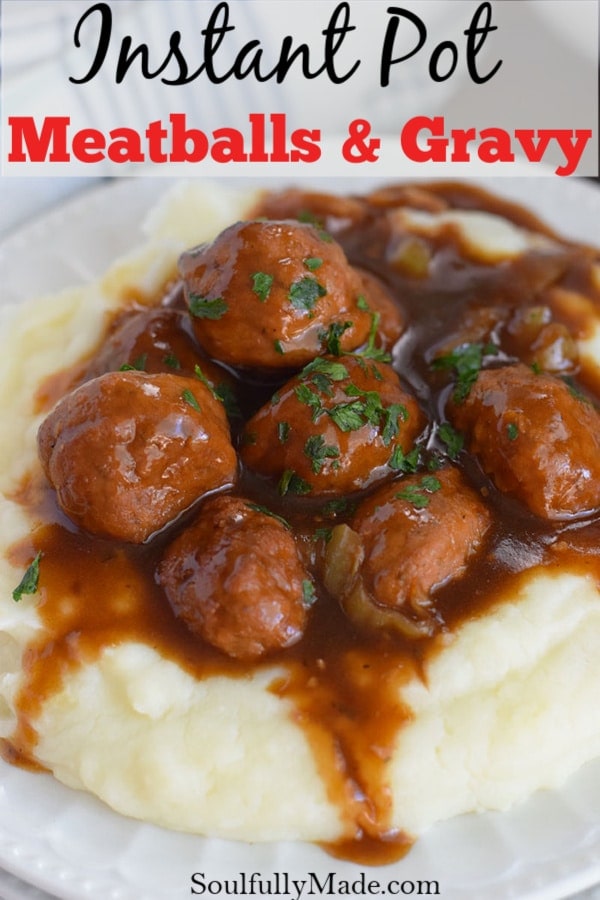 A close up of the meatballs in the gravy for this instant pot meatballs and gravy recipe