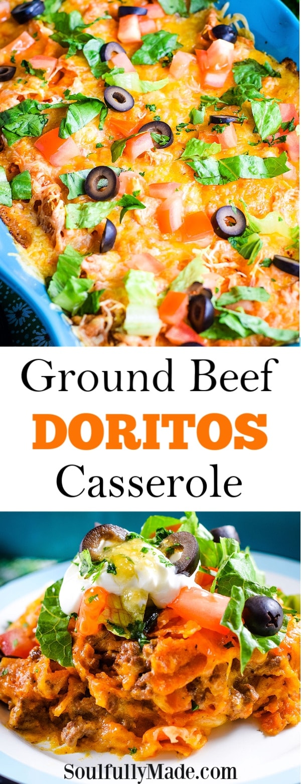 The Pinterest image for this ground beef Doritos casserole recipe