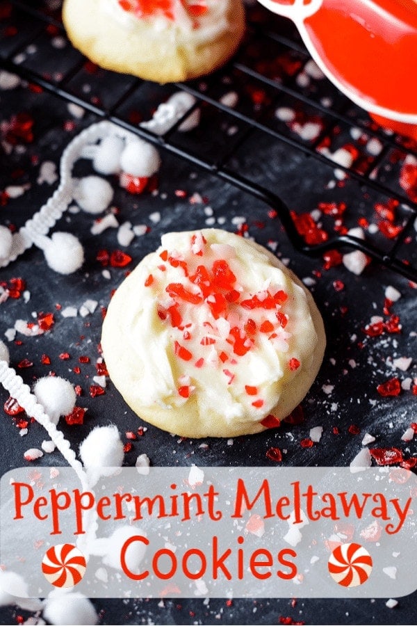 a closeup of a peppermint meltaway cookie for Pinterest and for a christmas cookie recipe roundup