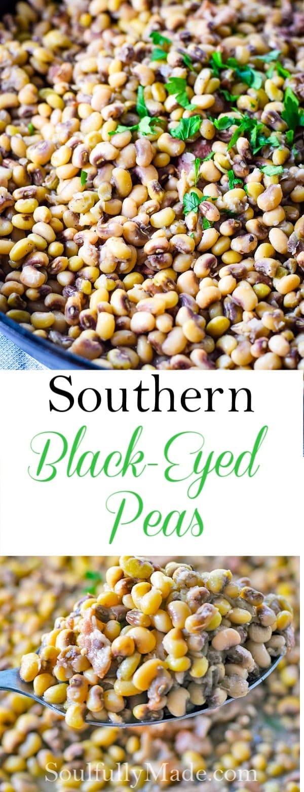 The Pinterest image of a large bowl filled with this homemade black eyed peas recipe