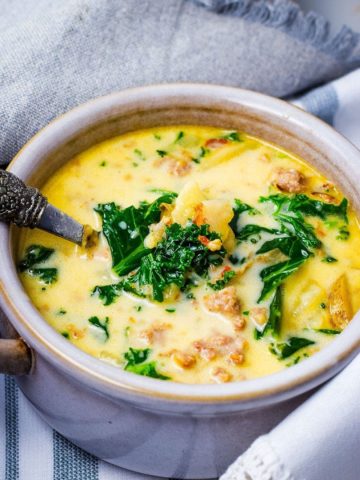a white bowl filled with this homemade Zuppa Toscana soup recipe