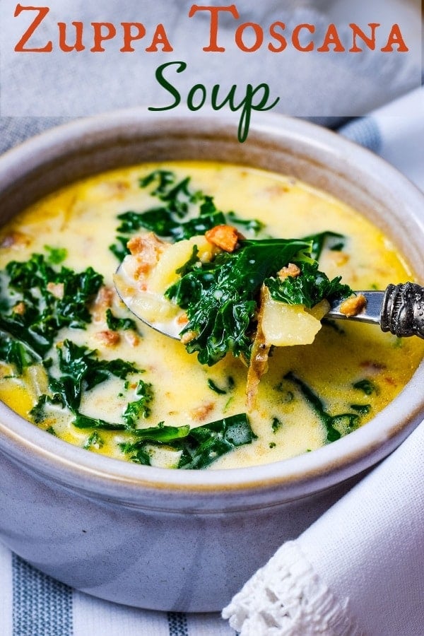 a white bowl filled with this homemade Zuppa Toscana soup recipe with sausage and kale