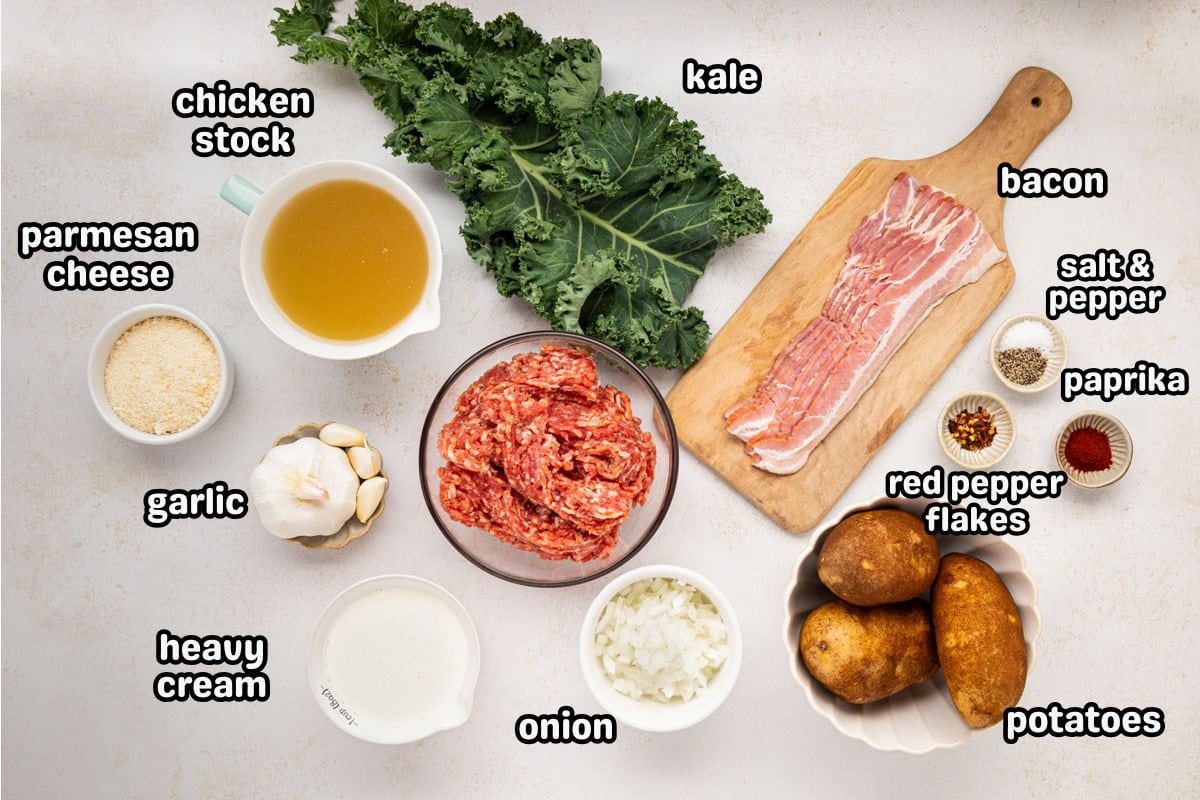 A labeled image of ingredients needed to make olive garden copycat zuppa tuscana soup.