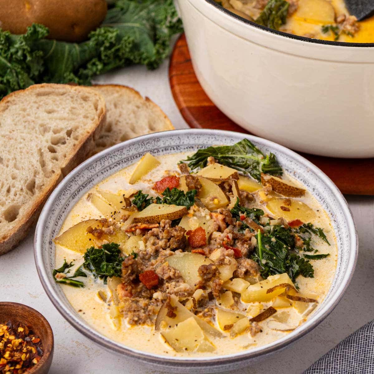A soup bowl bowl filled with this homemade Zuppa Toscana soup.