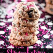 The Pinterest image for this festive stack of these homemade strawberry Oreo cheesecake cookies