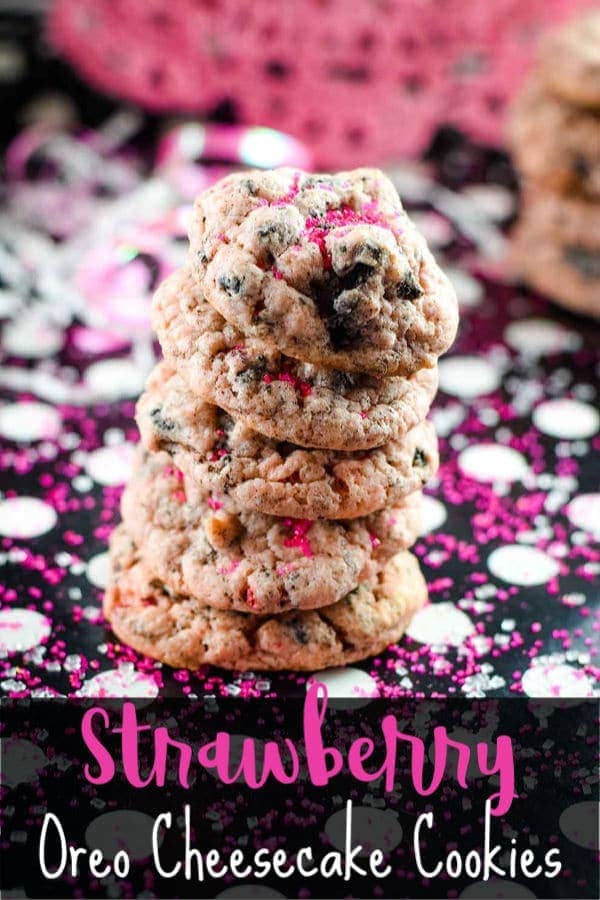 The Pinterest image for this festive stack of these homemade strawberry Oreo cheesecake cookies