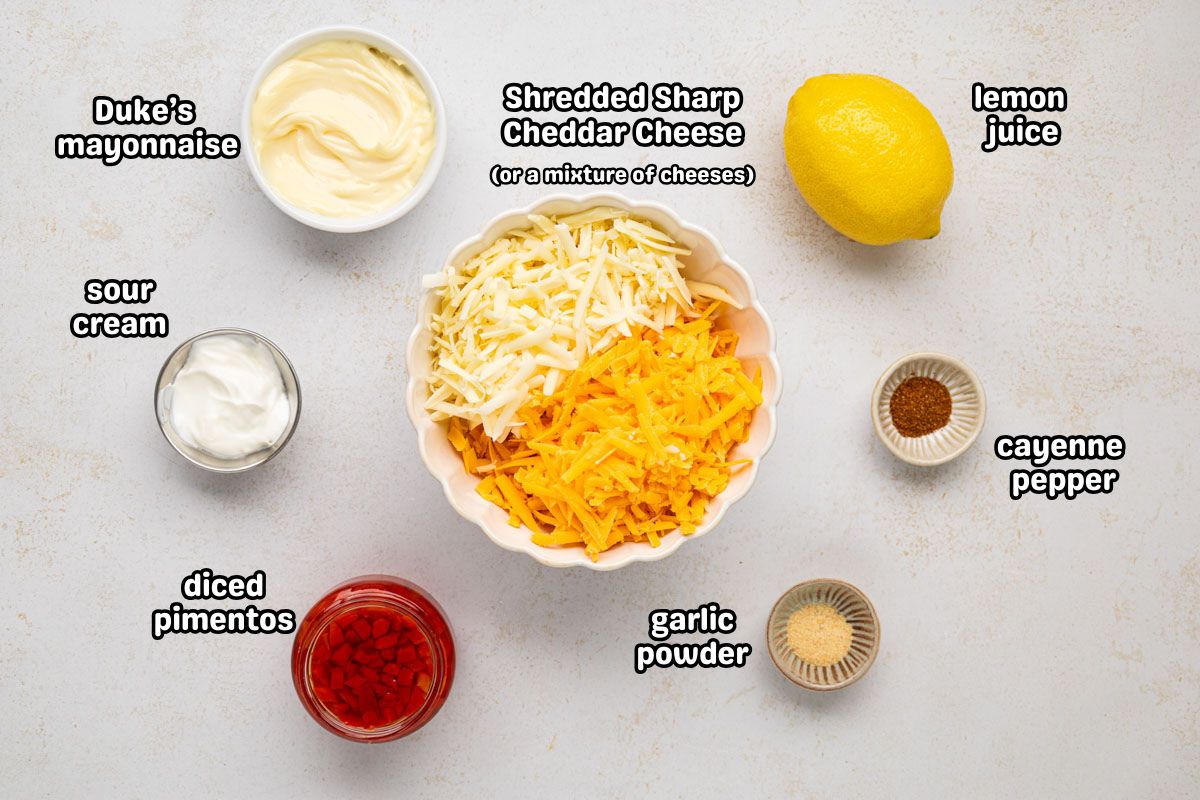 A labeled image of ingredients needed to make pimento cheese recipe.