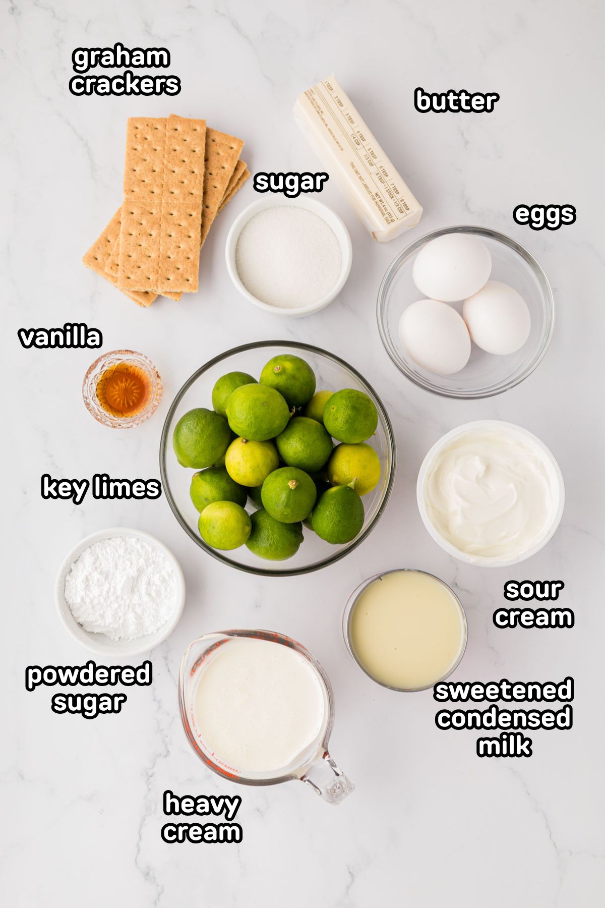Labeled ingredients needed to make key lime pie.