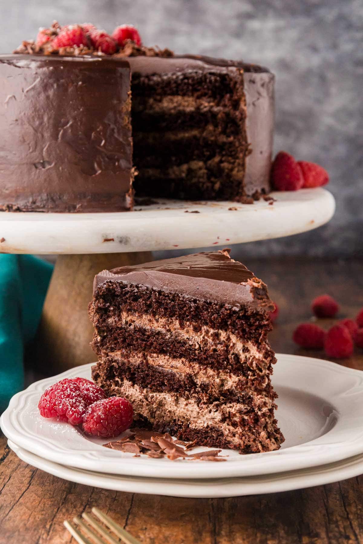 A slice of chocolate layer cake.