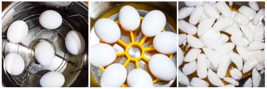 Instant Pot Boiled Eggs in the pressure cooker placed on top of the cooking rack