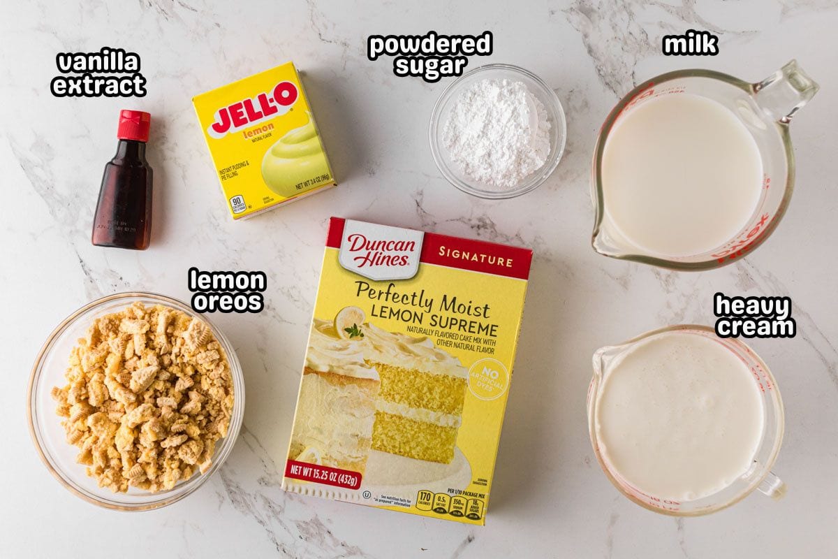 A labeled image of ingredients needed to make lemon poke cake.