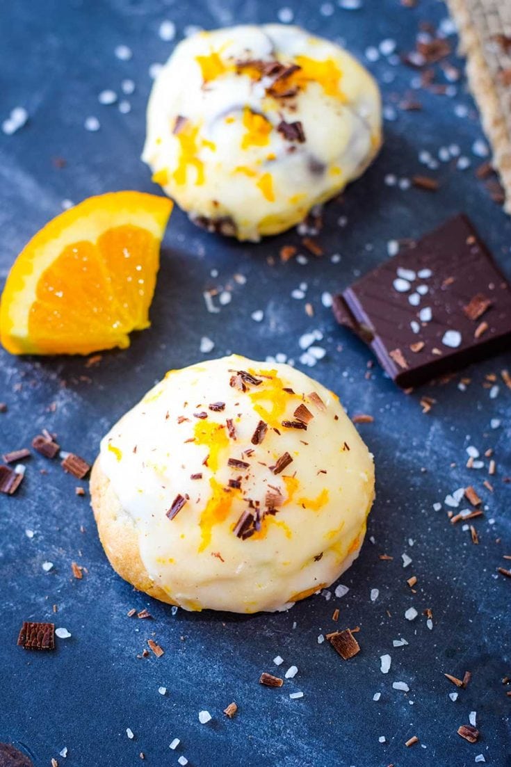 An up-close of a dark chocolate orange cookie.
