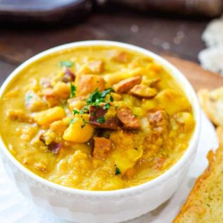 an overhead view of this spanish bean soup aka garbanzo bean soup recipe