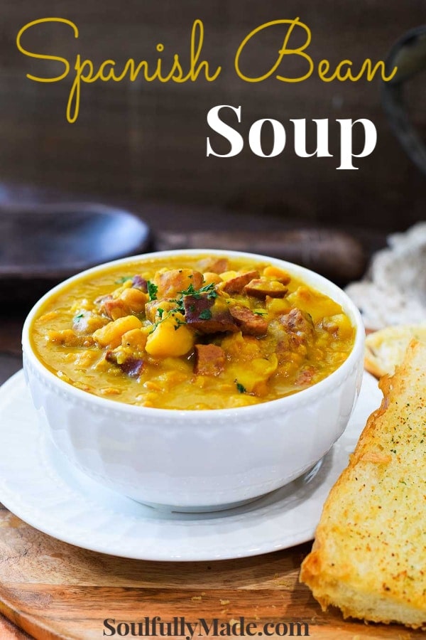the pinterest image for this spanish bean soup recipe aka garbanzo bean soup recipe