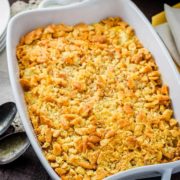 A bowl of Pineapple Casserole on a table.