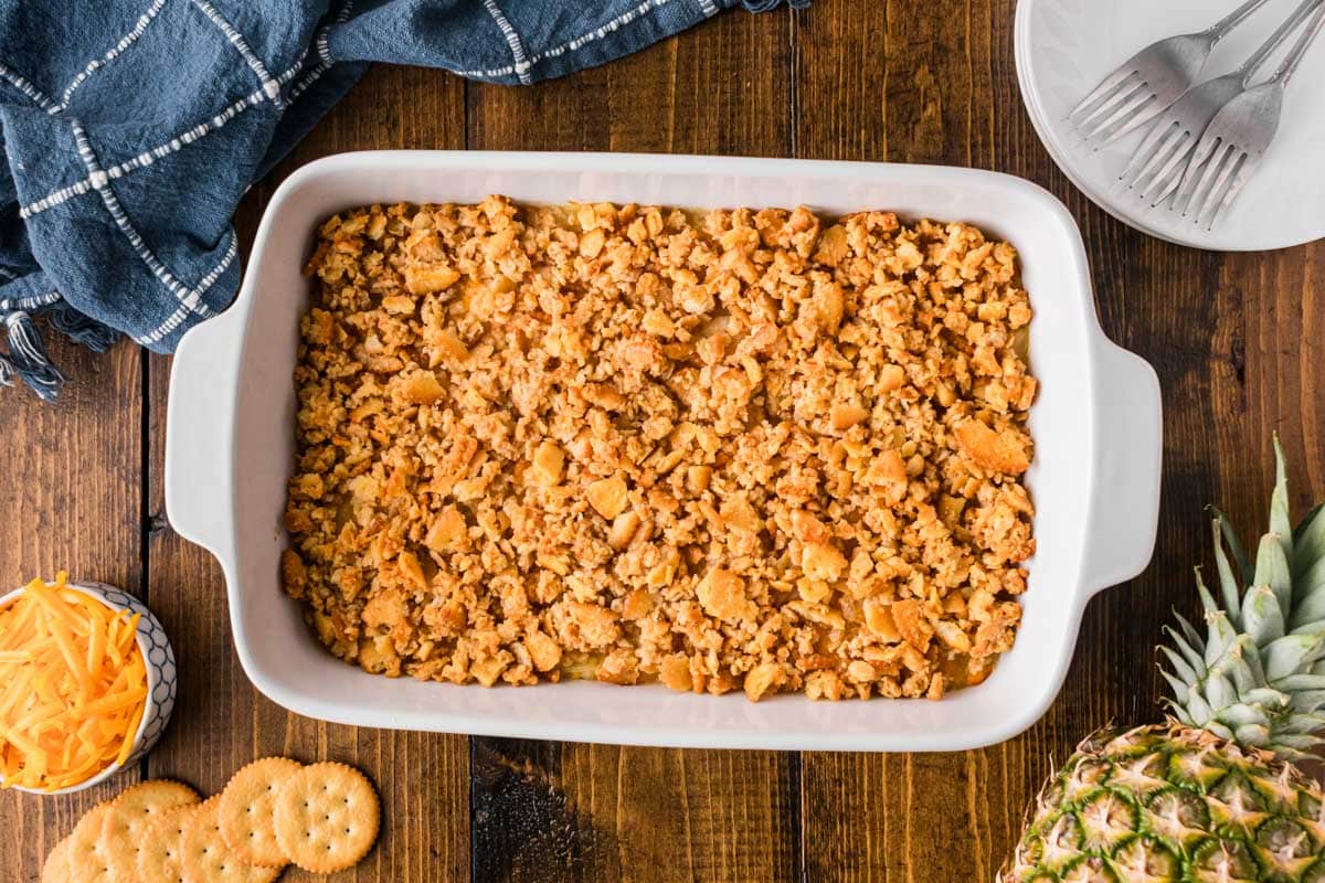 Pineapple and cheese casserole after being baked.