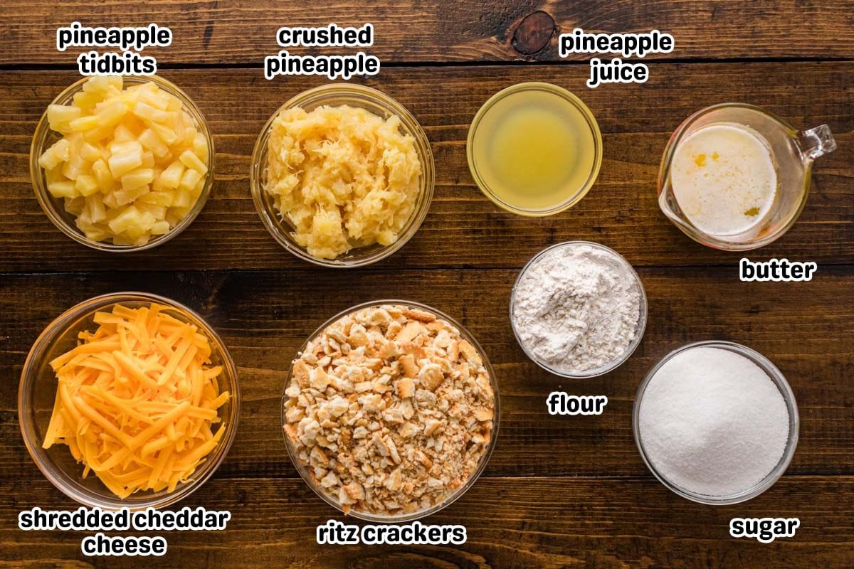 A labeled image of ingredients needed for pineapple and cheese casserole.