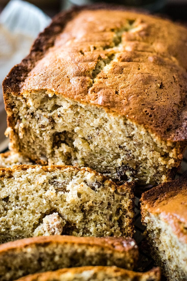 A close up of a half section of the best banana bread recipe 