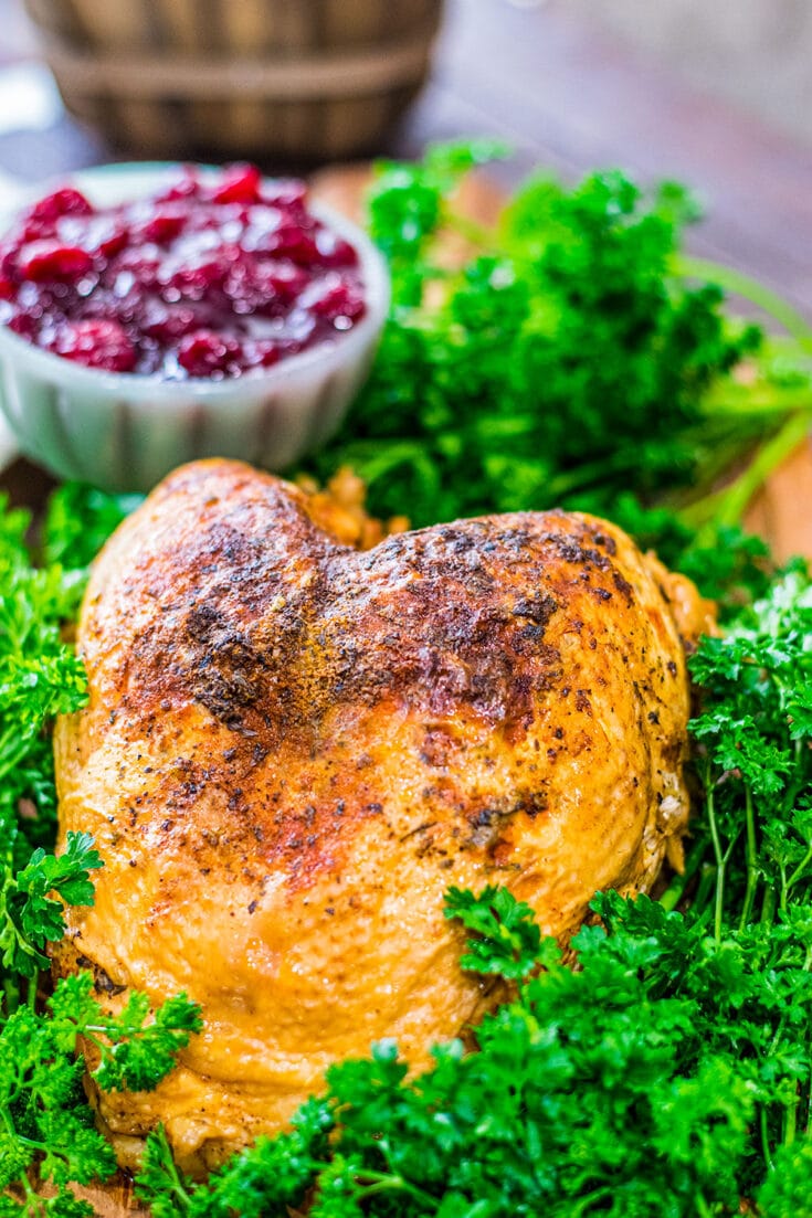 Instant Pot Turkey Breast on a wooden platter surrounded by parsley with a bowl of cranberry sauce for decoration.