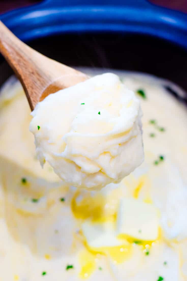 A close-up of a spooned scoop of mashed potatoes.