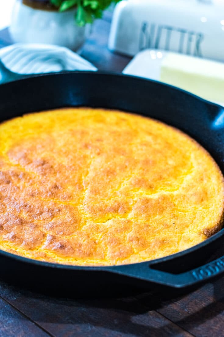 A close-up of a pan of cornbread.