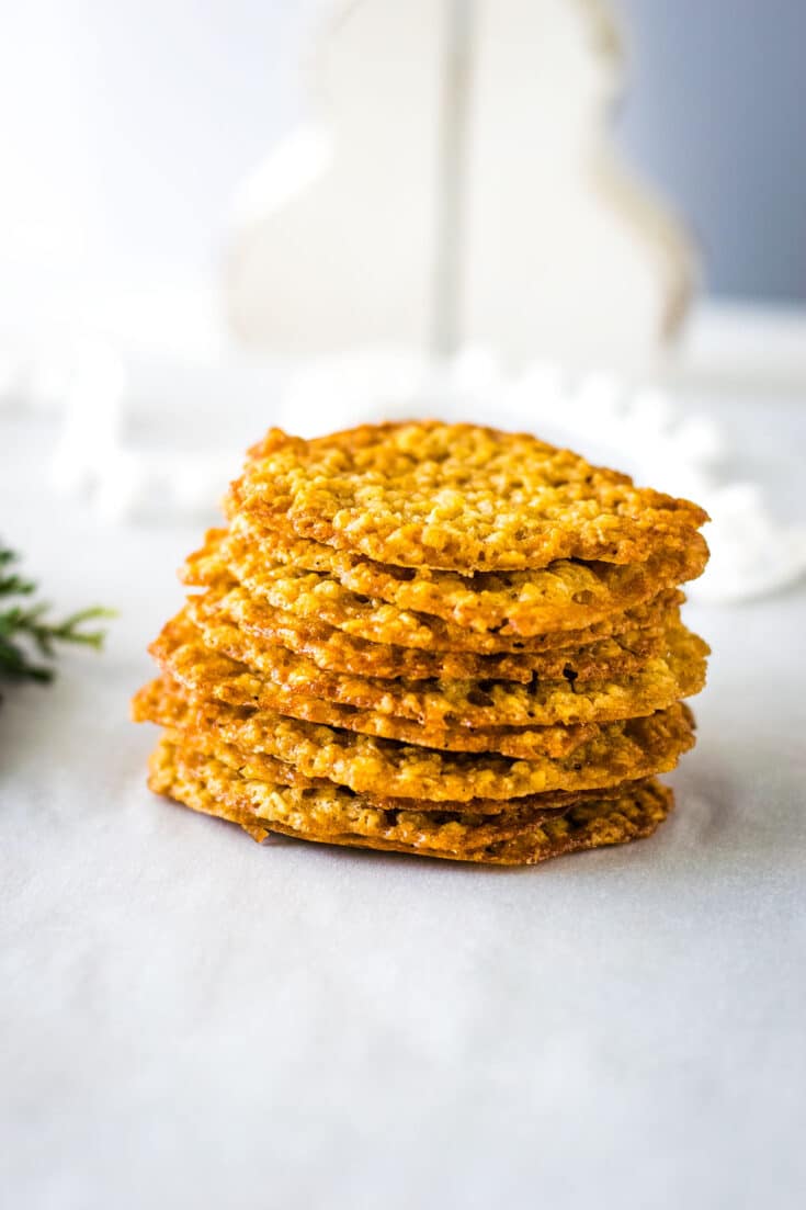 a side view of a stack of these Easy Oatmeal Lace Cookies